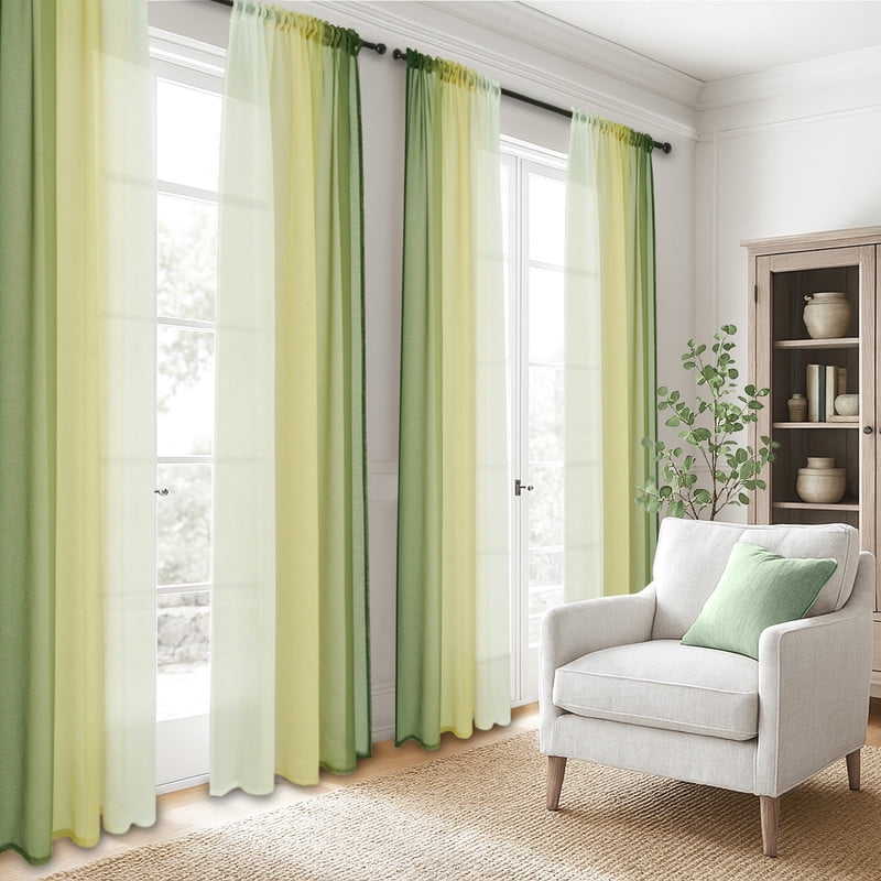 Topfinel YellowGreen Faux Linen Ombre Sheer Curtains,Semi Voile Gradient Rod Pocket Curtains for Bedroom and Living Room, Set of 2 Window Curtain Panels, 54 x 84 Inch Long