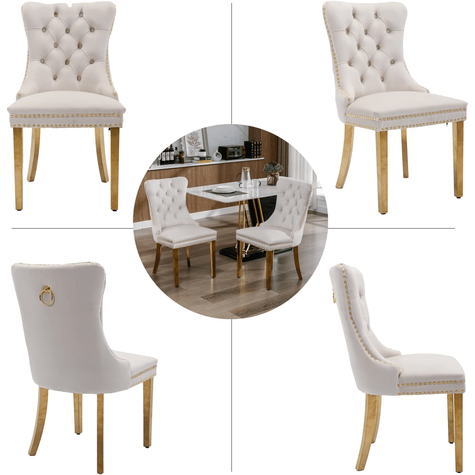 LegaHome Dining Chairs Set of 2, Modern Upholstered Velvet Dining Room Chairs with Nailhead Trim and Golden Stainless Steel Plating Solid Wood Legs, Tufted Button Padded Chairs Set for Kitchen, Beige