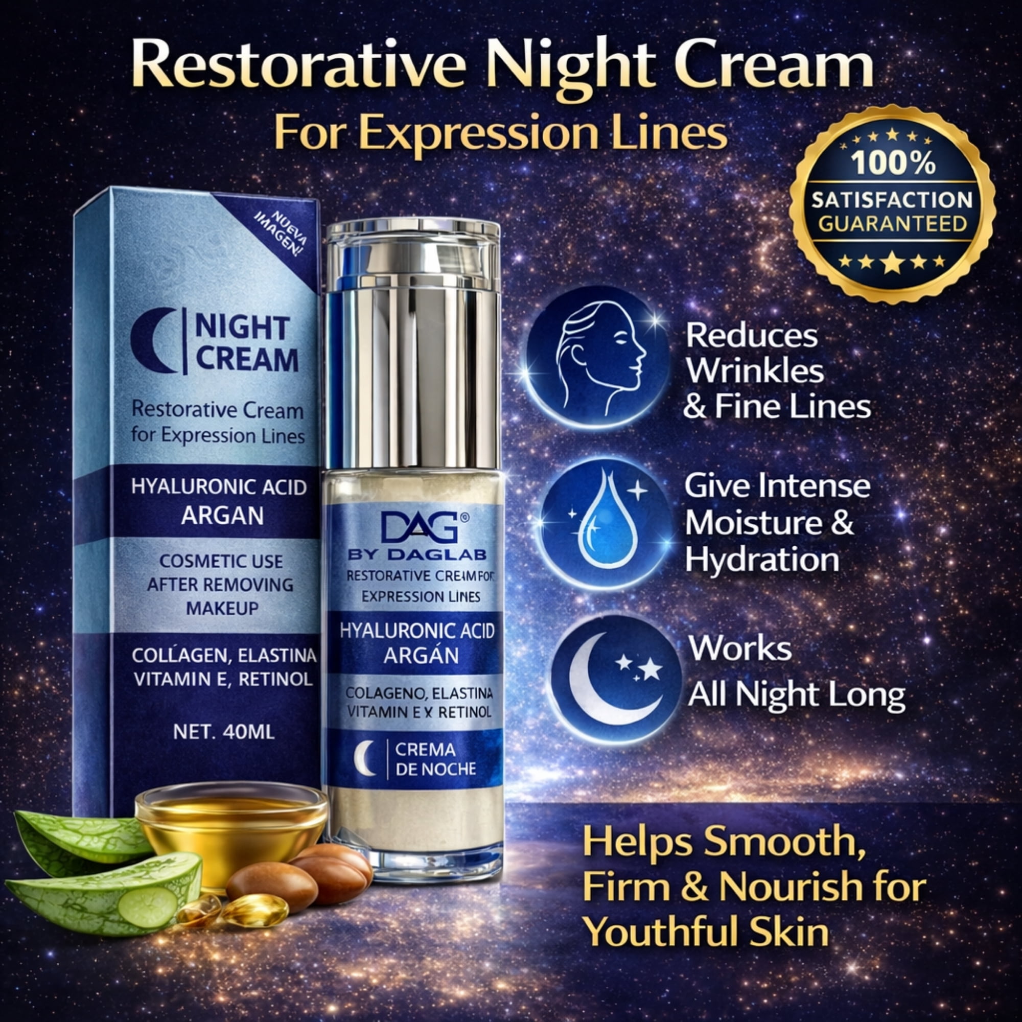 DAG by DAGLAB Night Face Cream with Hyaluronic Acid and Argan Oil, Hydrating Facial Cream, Lightweight Moisturizer for All Skin Types, 1.3 fl oz
