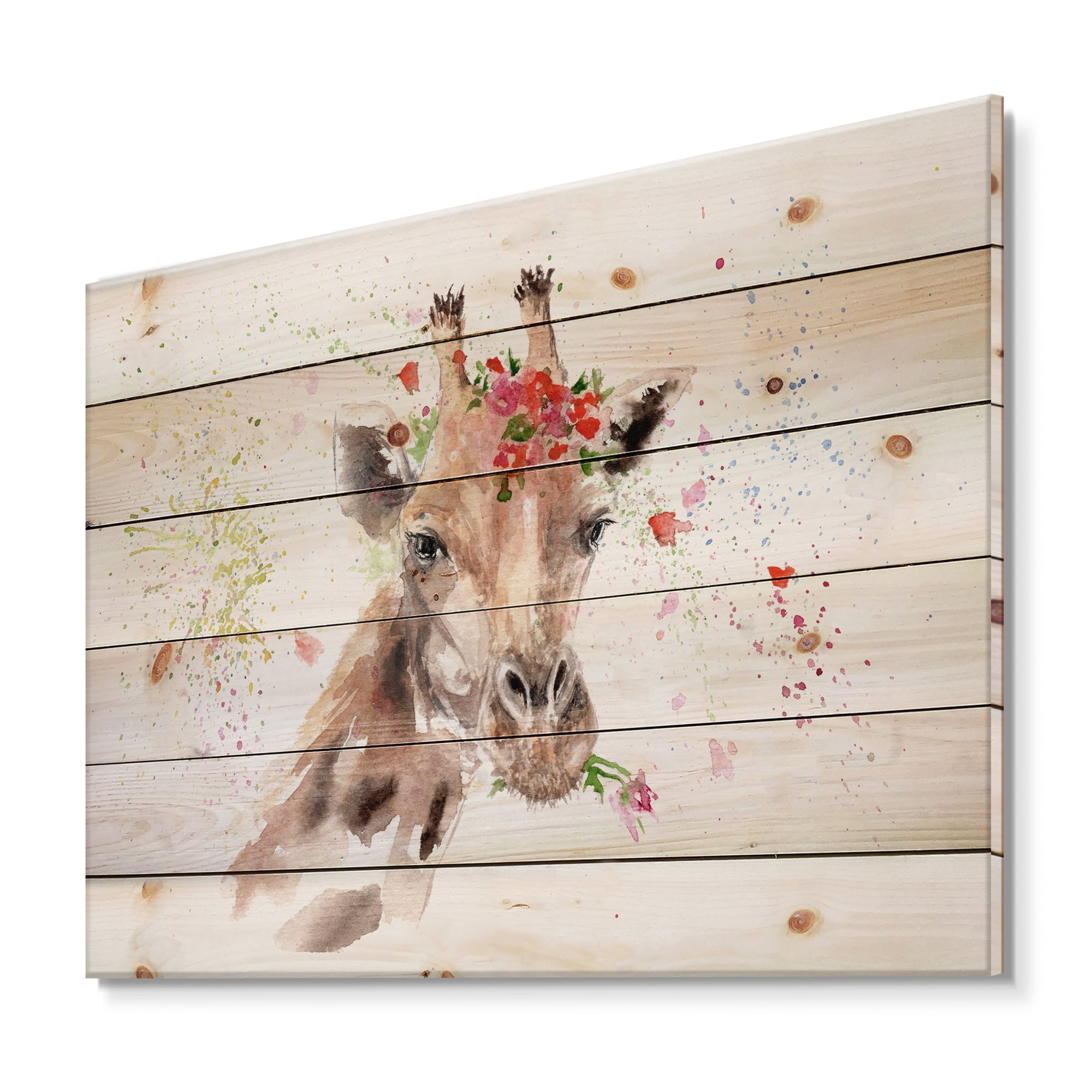 Designart 'Portrait of A Giraffe With Red Flowers II' Farmhouse Print on Natural Pine Wood