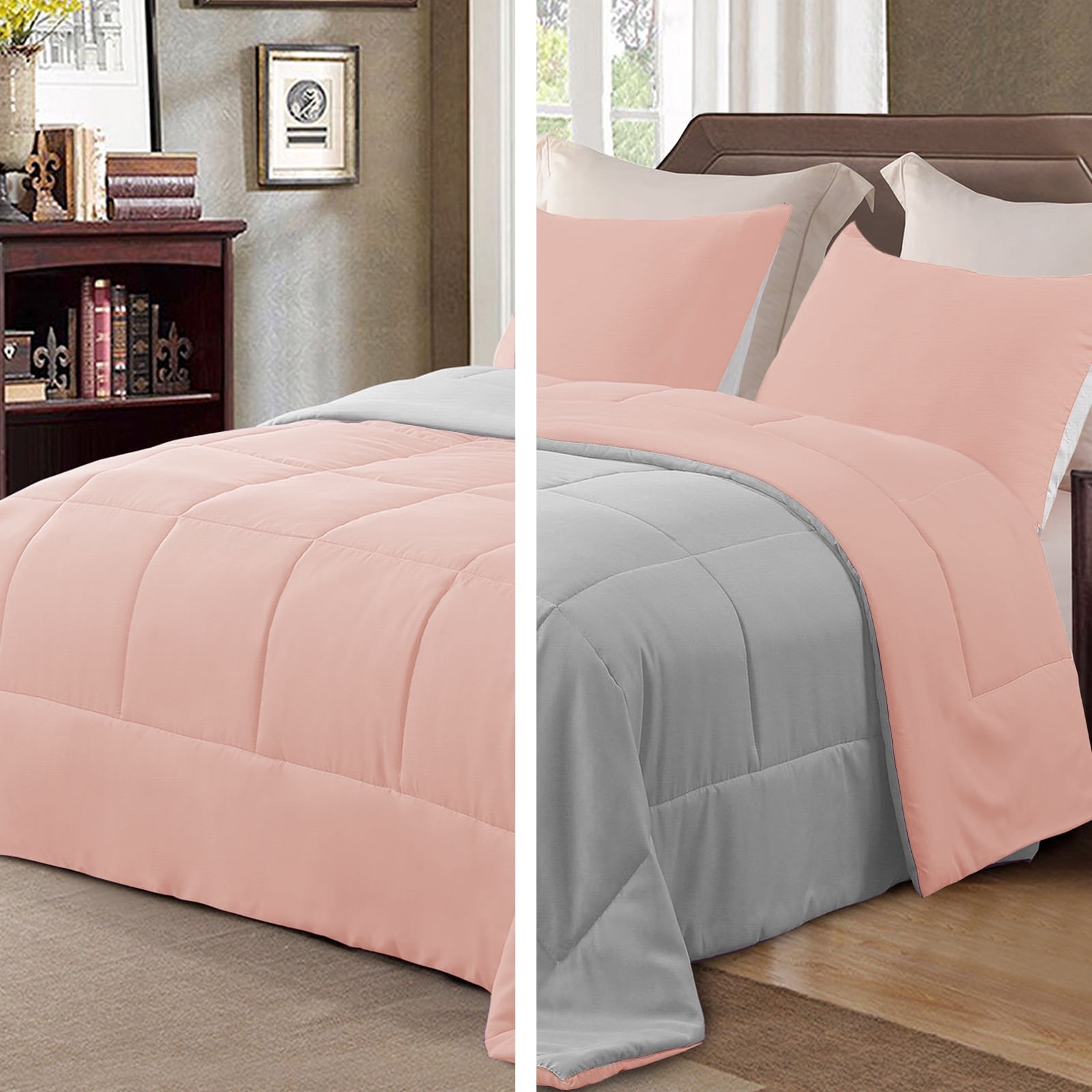 Exclusivo Mezcla Lightweight Reversible 3-Piece Comforter Set All Seasons, Down Alternative Comforter with 2 Pillow Shams, Full Size, Blush Pink/Light Grey