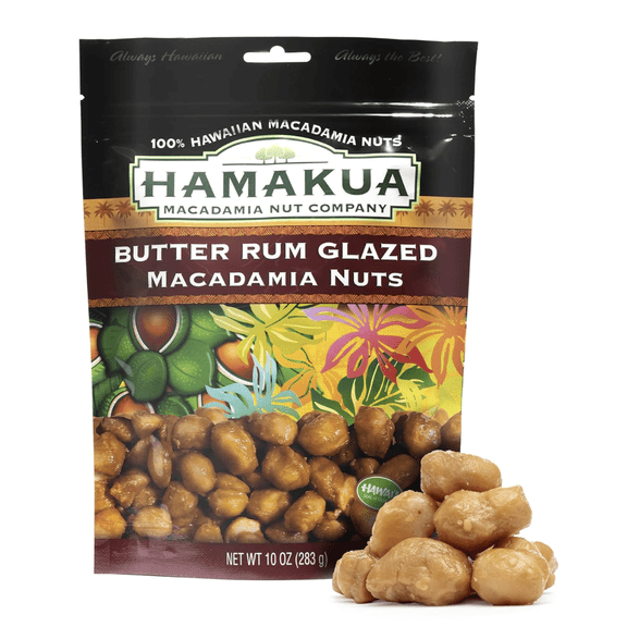 Hamakua Macadamia Nuts - Sweet Glazed Butter Rum - Hawaiian Grown Flavored Dry Roasted Half and Whole Macadamias - Natural Eco-Friendly Large Macadamia Nuts