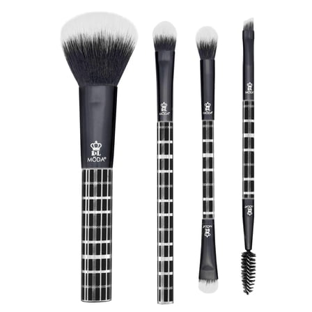 Moda Brush Plaid Black 4pc Makeup Brush Set, Includes Face and Eye Makeup Brushes