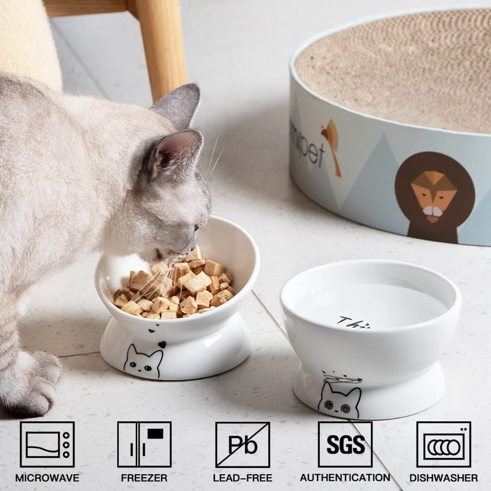 SWEEJAR Raised Cat Bowls Set, Tilted Food Bowl and Deep Water Bowl, Ceramic Pet Bowl Collection for Cats and Small Dogs, Set of 2 (White)