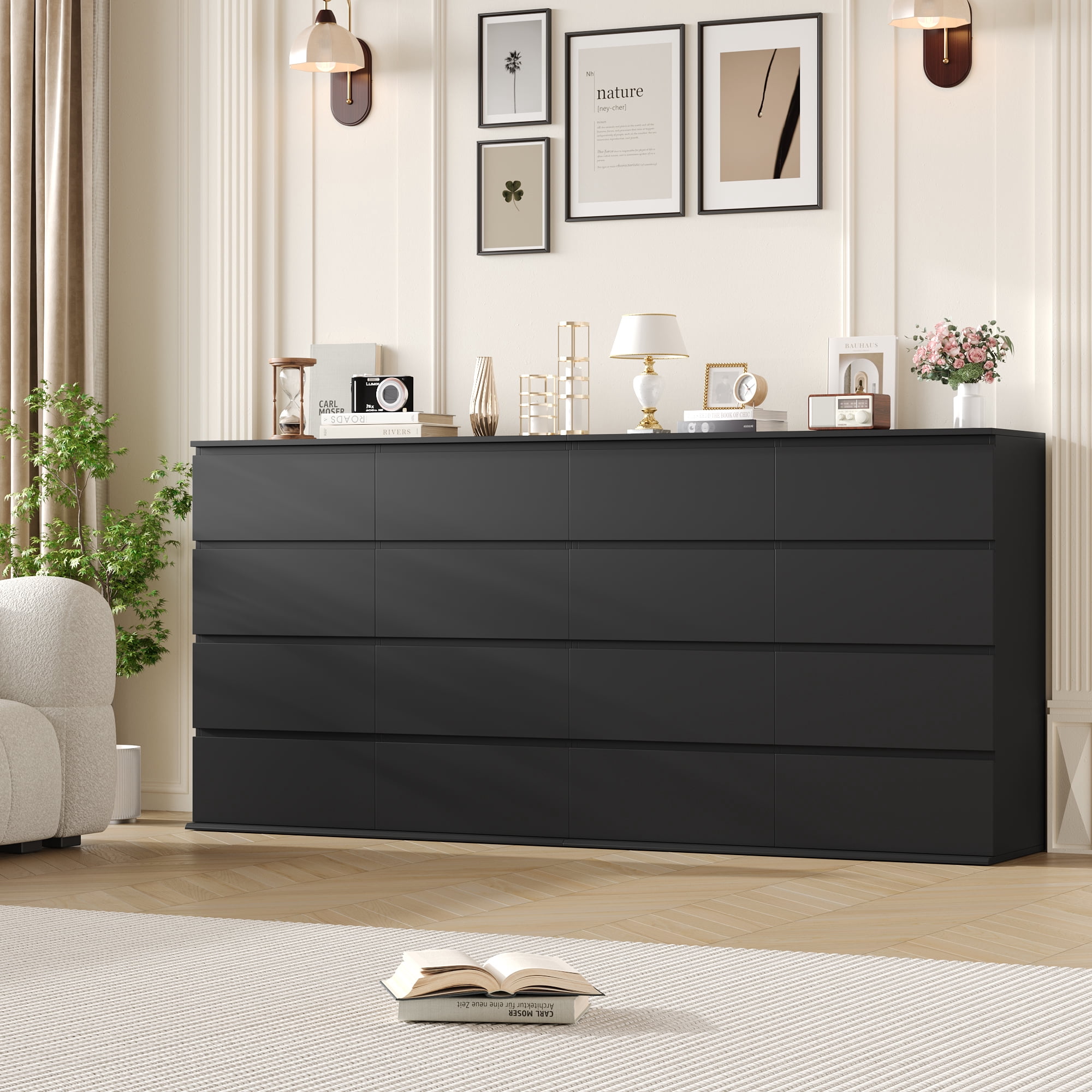 Homfa 8 Drawer Dresser for Bedroom, 41.3" Horizontal Dresser Chest with Easy Pull Bevel Handle, Storage Cabinet for Living Room, Black