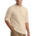 thumbnail image 4 of Iceglad Men Henley Neck Long Sleeve Cotton Linen Shirt Casual Beach Outfit Dress Shirt Khaki S, 4 of 8