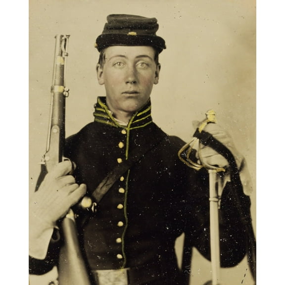 Print: Civil War Soldier, Union Cavalry Uniform, Pistol Carbine