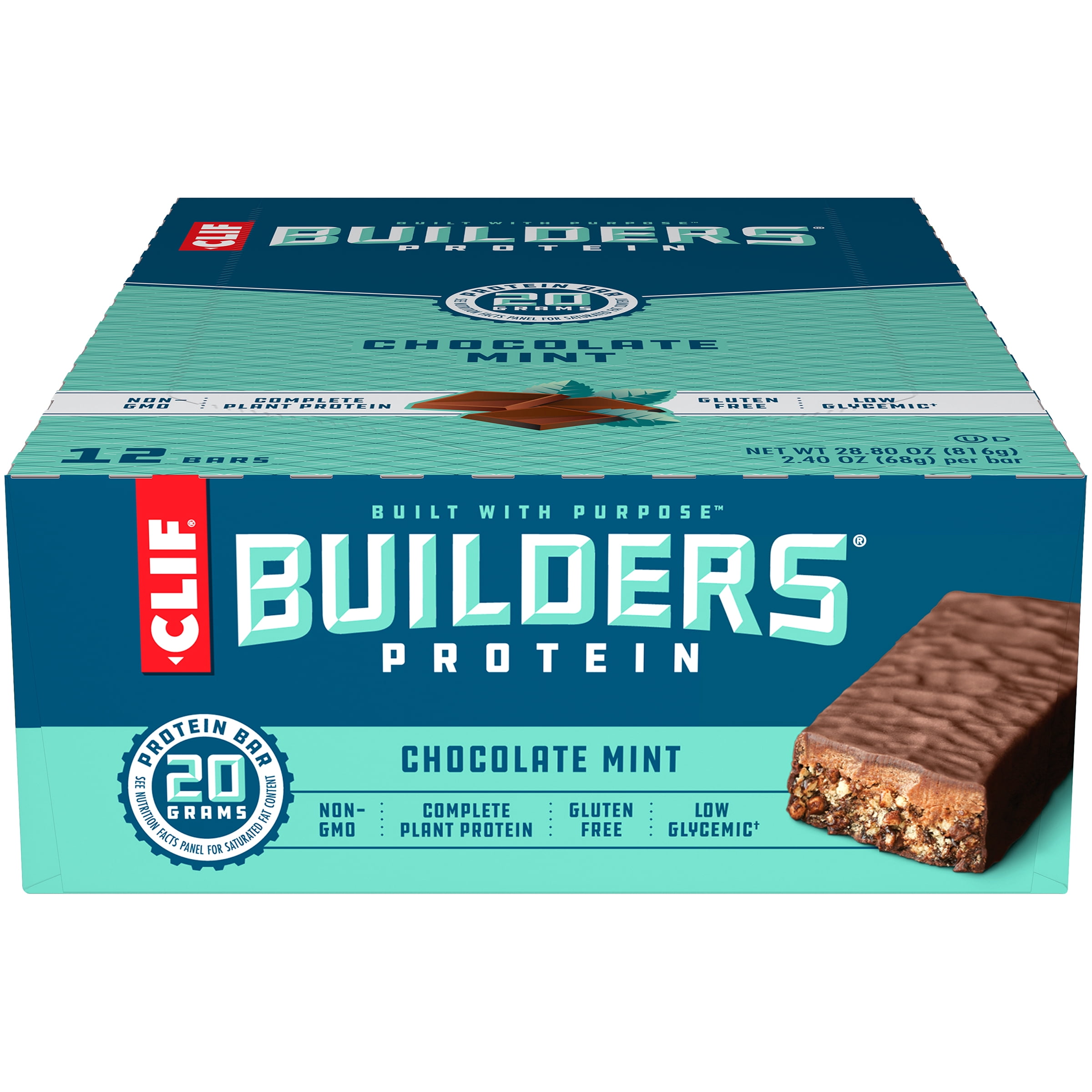 CLIF Builders Protein Bars, Gluten Free, 20g Protein, Chocolate Mint, 12 Ct, 2.4 oz