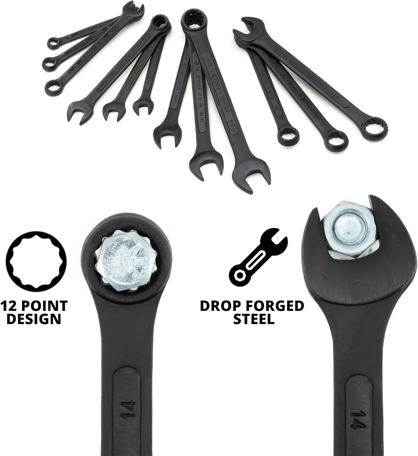 NEIKO 03582A Combination Wrench Set, 12 Pc Raised Panel Combo Wrenches Set, Metric and Standard, Black Oxide Drop Forged Carbon Steel, Mechanic Open End Wrench Set, Small Box End Wrench Set SAE & MM