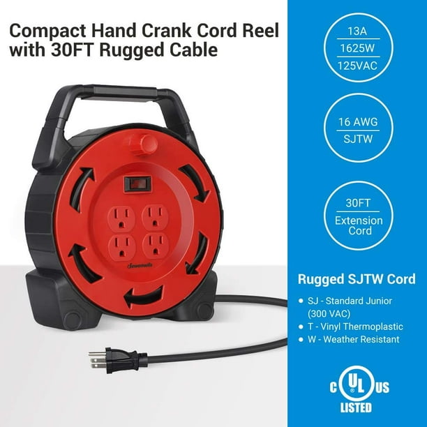 Dewenwils Extension Cord Reel With 30 Ft Power Cord, Hand Wind Retractable, 16/3 Awg Sjtw, 4 Grounded Outlets, 13 Amp