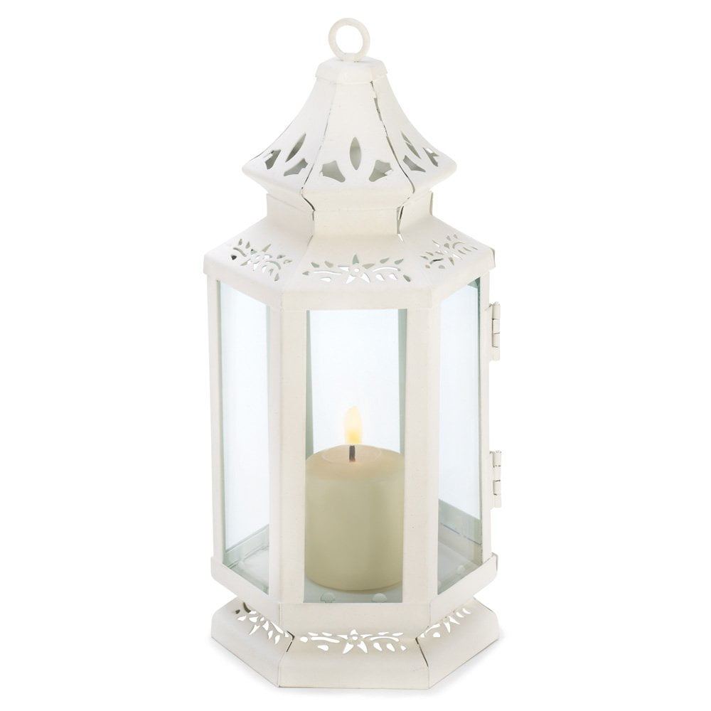 White Outdoor Candle Lantern, Rustic Antique Victorian Candle Lantern
