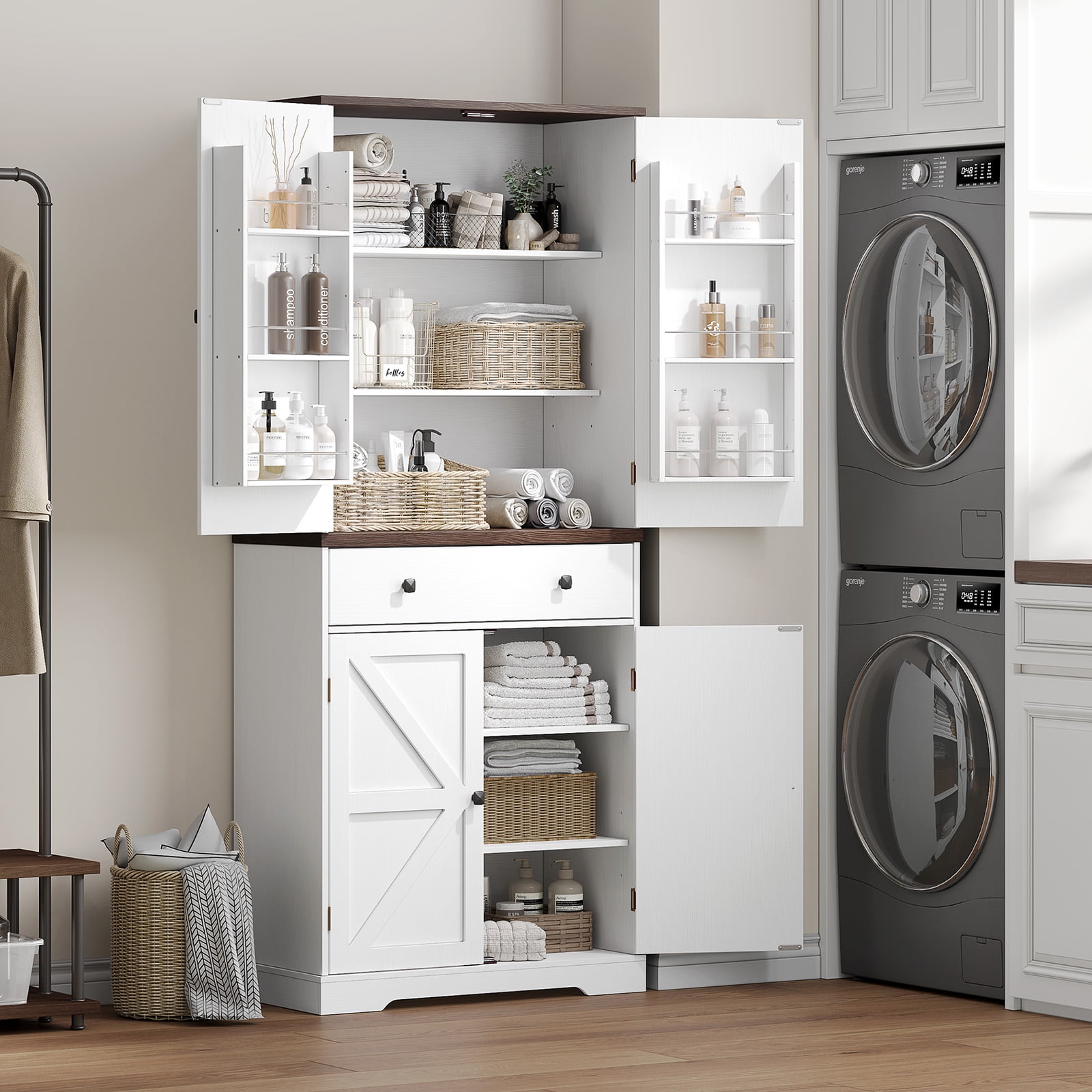 71" Farmhouse Pantry Storage Cabinet with 6 Door Shelves & Drawer, 2 Adjustable Shelves & 4 Barn Doors, Freestanding Cupboard,Off White
