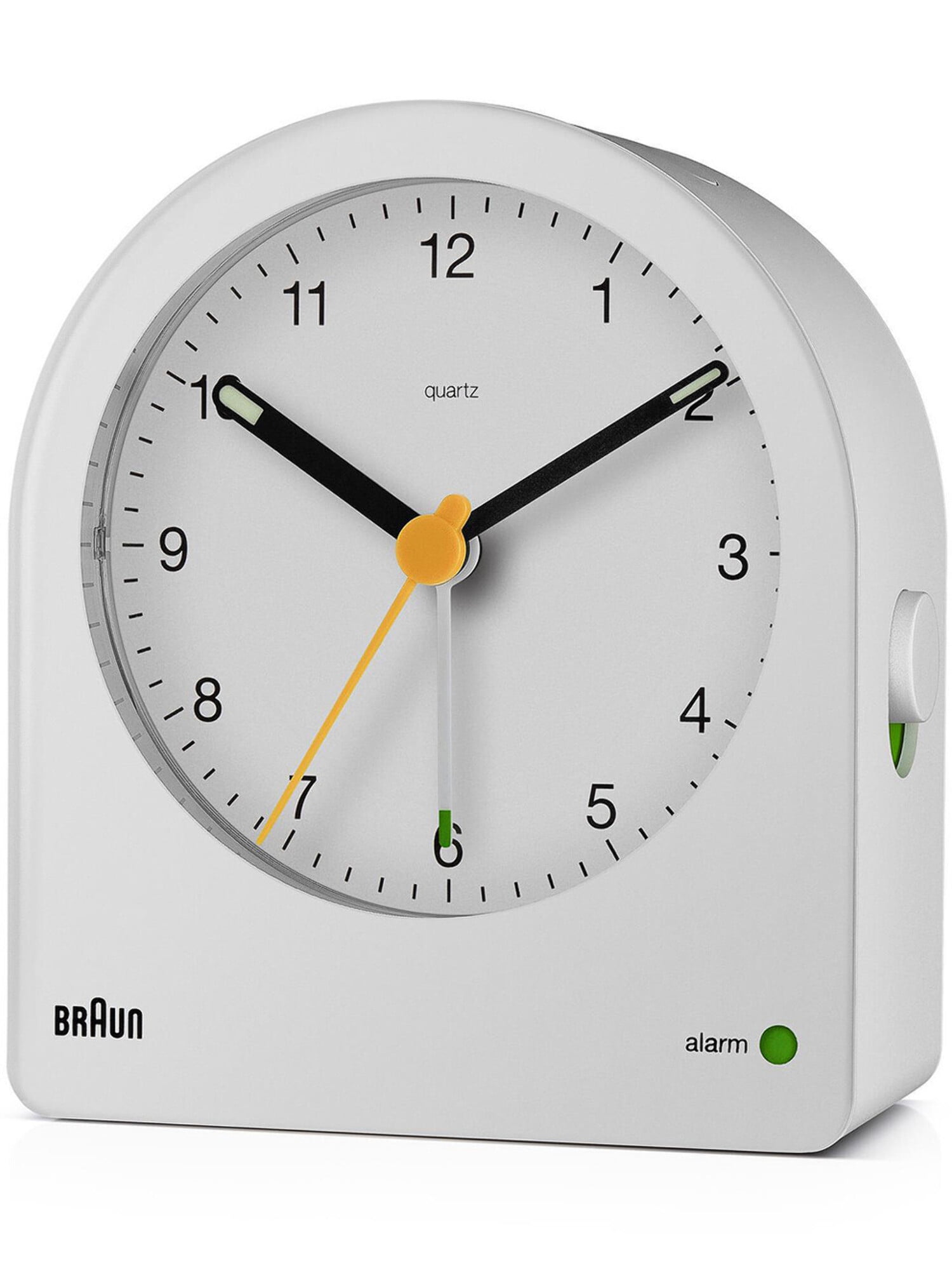 Braun Classic Analogue Alarm Clock with Snooze and Continuous Backlight, Quiet Quartz Movement, Crescendo Beep Alarm in White, model BC22W.