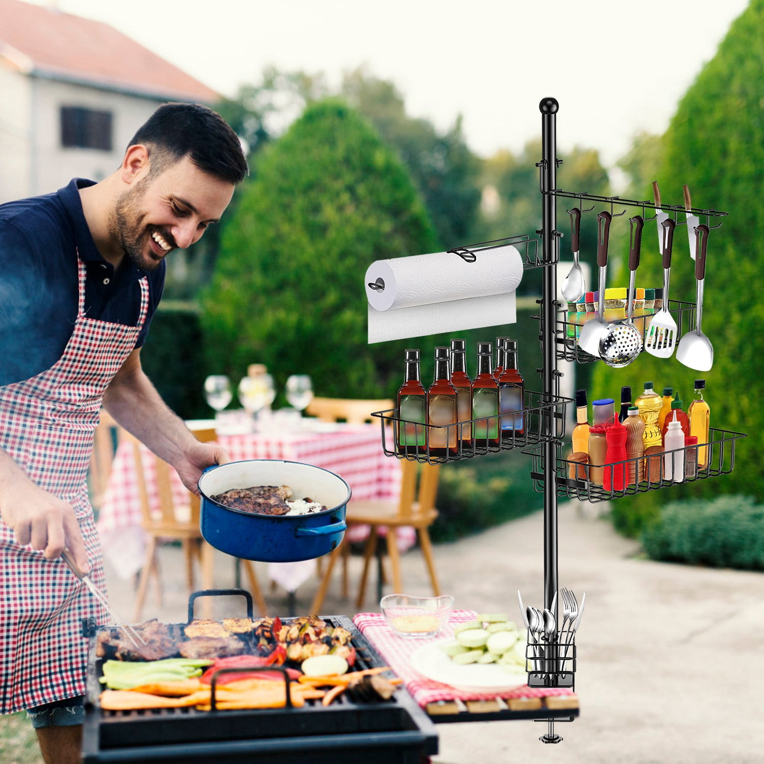 Upgraded BBQ Griddle Caddy Rack with Paper Towel Holder, Carbon Steel Grill Storage Organizer with S/M/L Baskets & 10 Hooks, Clamp on Design for Outdoor Grilling