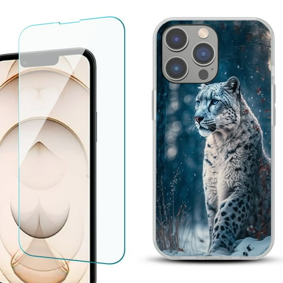 OneToughShield ® for iPhone 15 Pro Max Shockproof Fashion Phone Case, with Tempered Glass Screen Protector - Snow Leopard