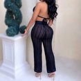thumbnail image 3 of Whataatahia Traje de punto ahuecado para mujer, cuello halter, sujetador triangular, pantalones largos, conjunto de malla informal picante y elegante para festivales de música, vacaciones, negro M, 3 of 5