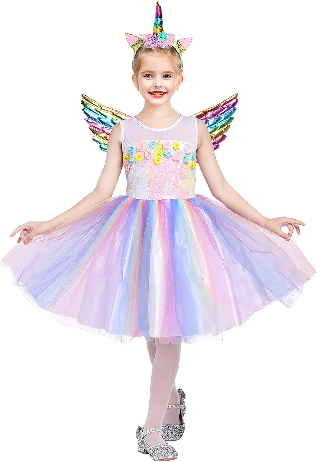 MYRISAM Girls Kids Unicorn Sequins Tutu Dress w/Headband Halloween Costume  Rainbow Tutu Outfits Princess Birthday Party Gift