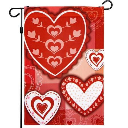 G128-12"x18" Valentines Day Garden Flag, Valentine Decorations-Patchwork Hearts, Small Outdoor Flag