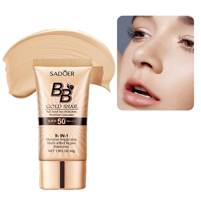 bb cream golden snail protector solar base de maquillaje reparador corrector hidratante✨y f8m4 Tubo frontal color marfil de BB Cream con texto 'Gold Snail' y sello SPF50, muestra de textura encima y close-up de piel aplicando producto; formato tubo 40 g, tonos 01 Natural y 02 Ivory White indicados, ideal para cobertura hidratante y aplicación rápida antes de salir.