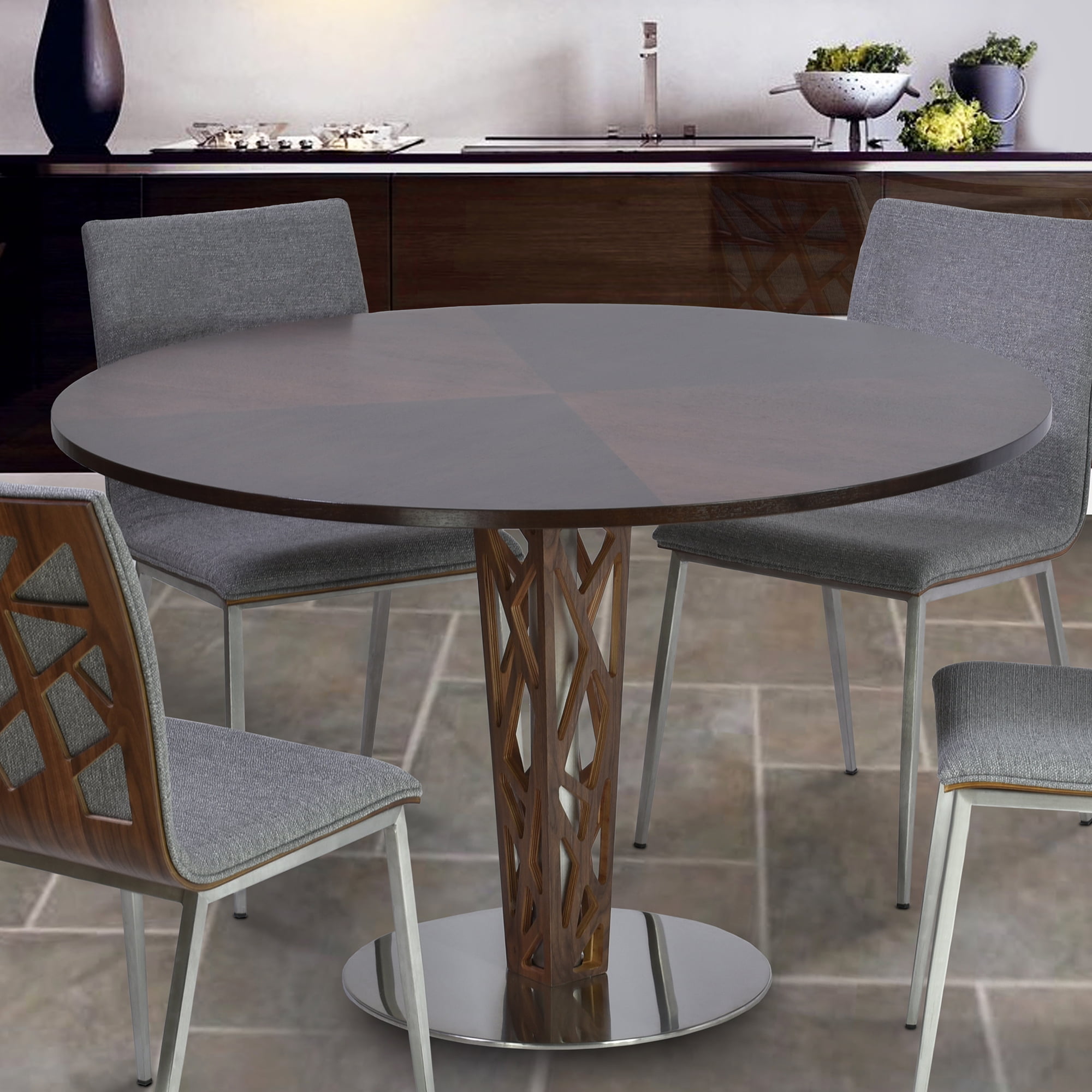 Crystal 48" Round Dining Table in Walnut Veneer column and Brushed