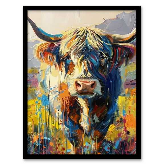Artery8 Scottish Highland Cow Hairy Coo Abstract Painting For Living Room Art Print Framed Poster Wall Decor 12x16 inch