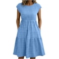 thumbnail image 2 of qolati Women Summer Dresses Crew Neck Cap Sleeve Midi Dresses Casual Ruffle Tiered Smocked Elastic Waist Flowy Sundress Beach Vacation Clothes with Pockets Light Blue M, 2 of 8