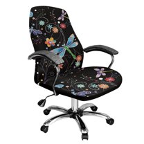 ZIATUBLES Home Office Chair Cover Stretchable Dragonfly Floral Black Printed Soft Universal Rotating Chair Slipcovers Protector Stylish Desk Computer Chair Protector Cover with Snap Button, L