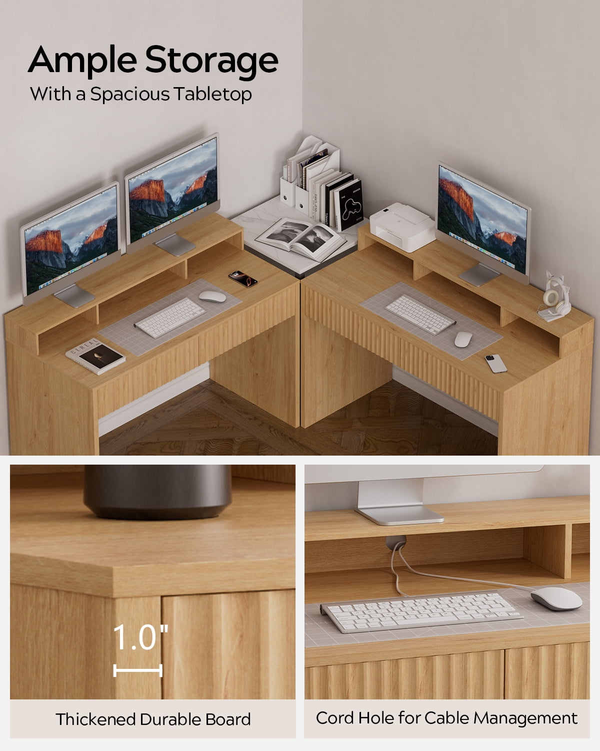 EYYTHUNG Fluted Office Desk with Storage Shelf, 47" Modern Wood Executive Desk with Long Monitor Stand & 2 Drawers, Home Writing Study Computer Table Vanity Desk, Natural Oak
