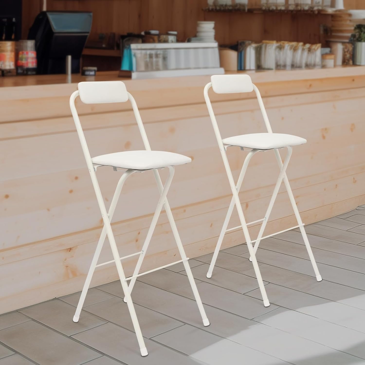 2pcs 30 inch Folding Bar Stool with Backrest - PU Cushioned Counter Height Stool, Portable Metal Frame Barstools for Outdoor, Camping, Kitchen, Shop, and Cafe (White)