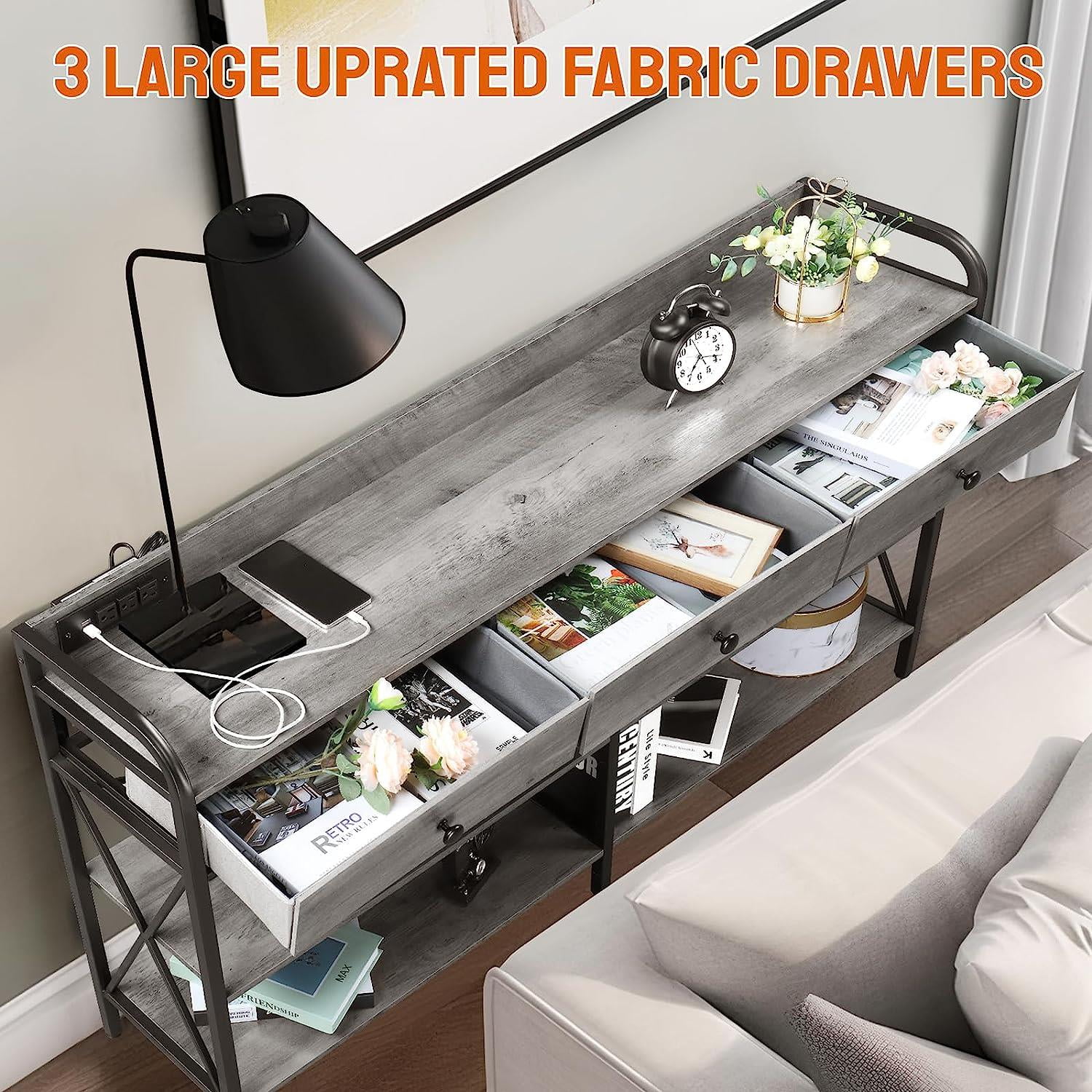 "Zimtown 55"" Industrial Console Table with Power Outlet and USB Ports, Gray, Suitable for Living"