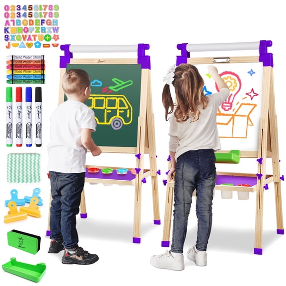 JOYOOSS 36 in - 49 in Adjustable Wood Children's Art Easel with Drawing Paper, Storage Box, Chalk, Markers, Erasers, Magnetic Letters and Math Set