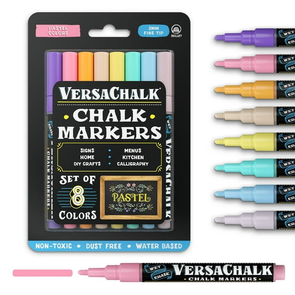 VersaChalk Pastel Chalk Markers, 8-Pack, 3mm Fine Tip, Wet-Erase Non-Toxic