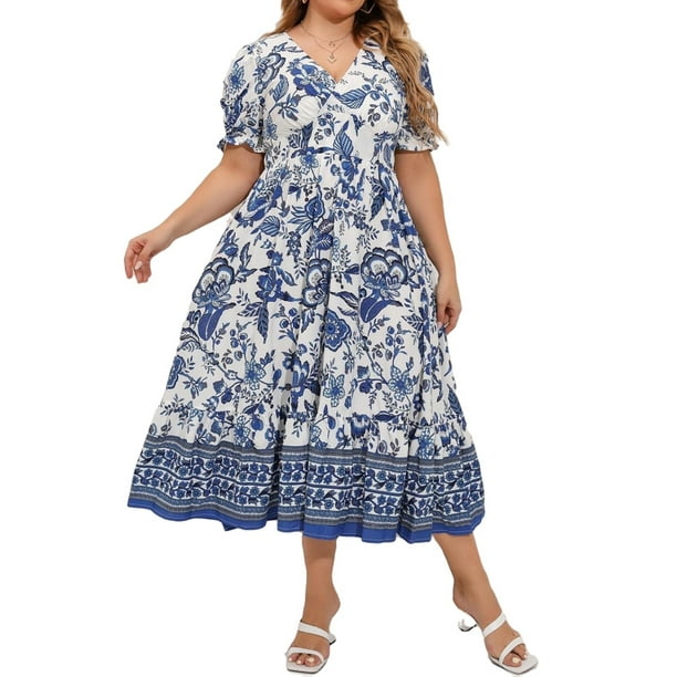 Womens Plus Size Dresses Casual Floral V neck A Line Blue and White 2XL
