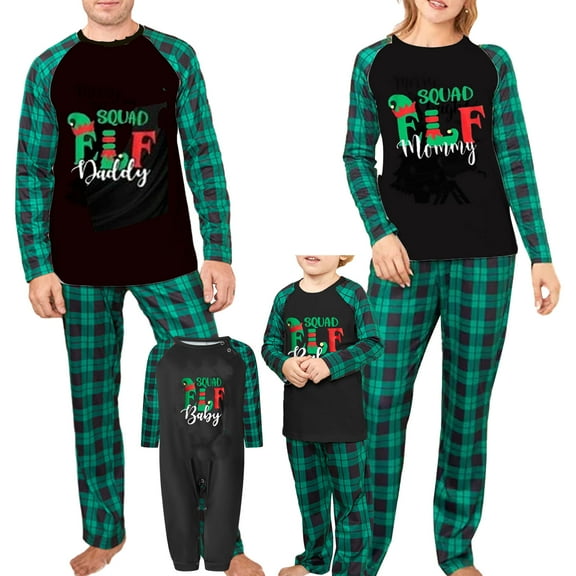 Elippeo Family Matching Christmas Pajamas, Letter  Elf Boot Print Long-Sleeved Round Neck Tops   Plaid Pattern Trousers Sleepwear
