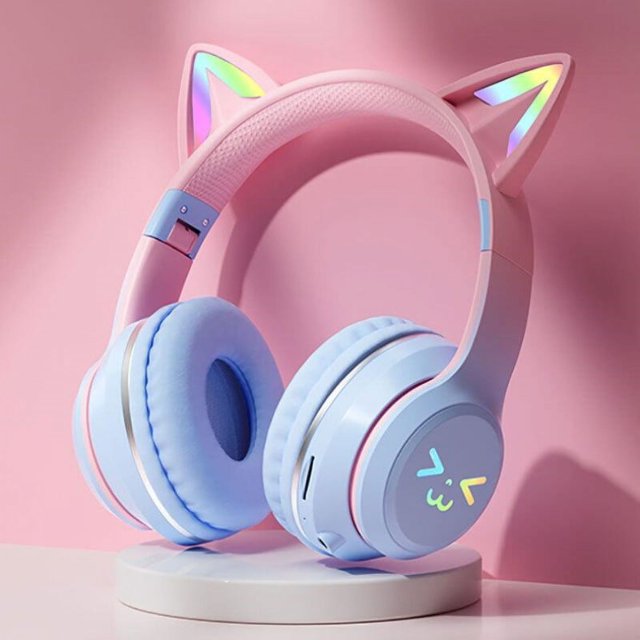 Auriculares portátiles con brillo RGB, luz controlable con Bluetooth, oreja de gato, reducción de ruido, inalámbricos, Bluetooth, Pc Gamer
