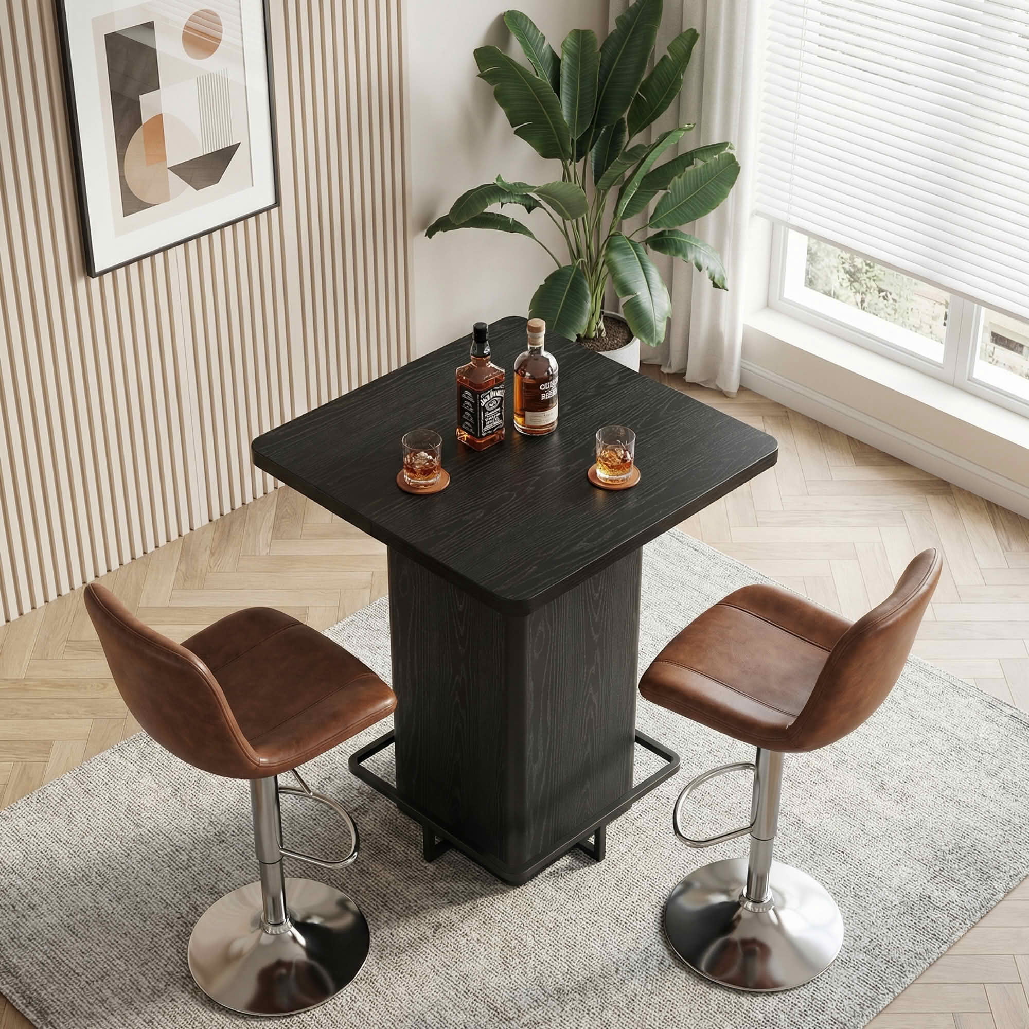 MAYEERTY 31.5" Minimalist Square Bar Table, Dark Wood-Grain MDF Top with Sturdy Pedestal & Metal Footrest, Compact 2-4 Person Home Pub Table