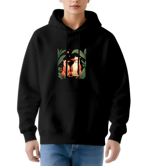 Women's Long Sleeve Hoodie Pullover Sweatshirt with Pockets Colorful Foxes & Green Leaves Design on Black Background