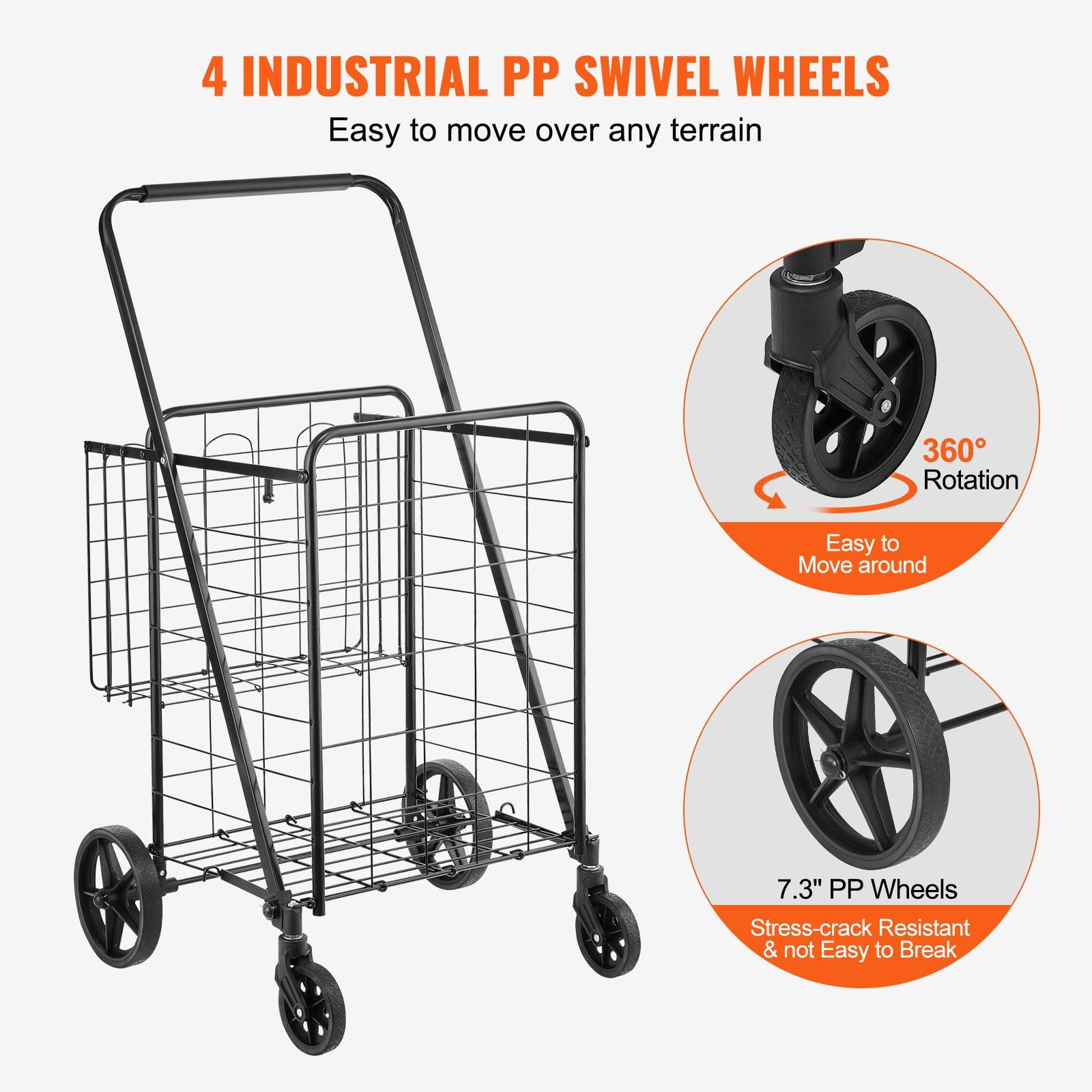 Folding Shopping Cart with Double Baskets, 110 LBS Capacity Heavy Duty Utility Cart, 360° Swivel Wheels, Portable Grocery Cart for Shopping Laundry Luggage