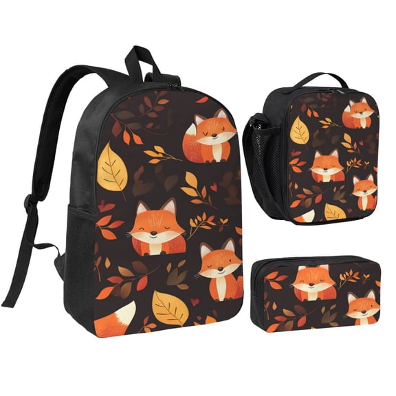 Fox Pattern Backpack 17 Inch Set with Lunch Bag and CaseDurableTravel Bag Combo for Work Commuting Daily Use