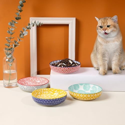 Ceramic Cat Food Bowl Set of 4, 5.6 Inch Wide Shallow Cat Bowls/Dishes for Food and Water, Assorted Colors