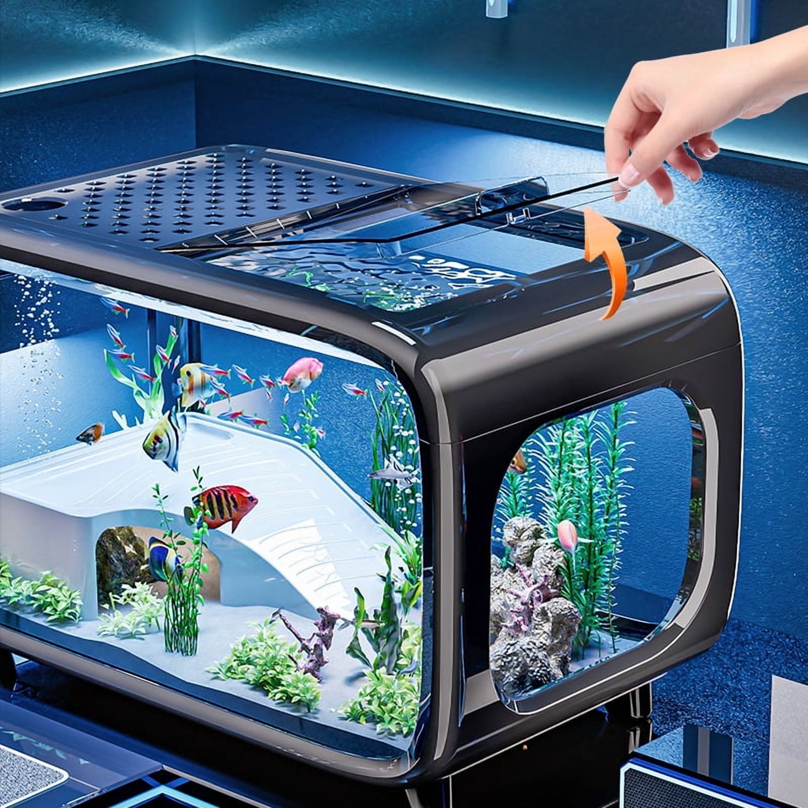 Aqualuxe Modern Aquarium Tank - 5 Gallon Crystal Clear Plastic Fish Bowl with Lid, LED Light & Filter, Eco Home Decor for Tabletop, Office, Living Room, Entryway