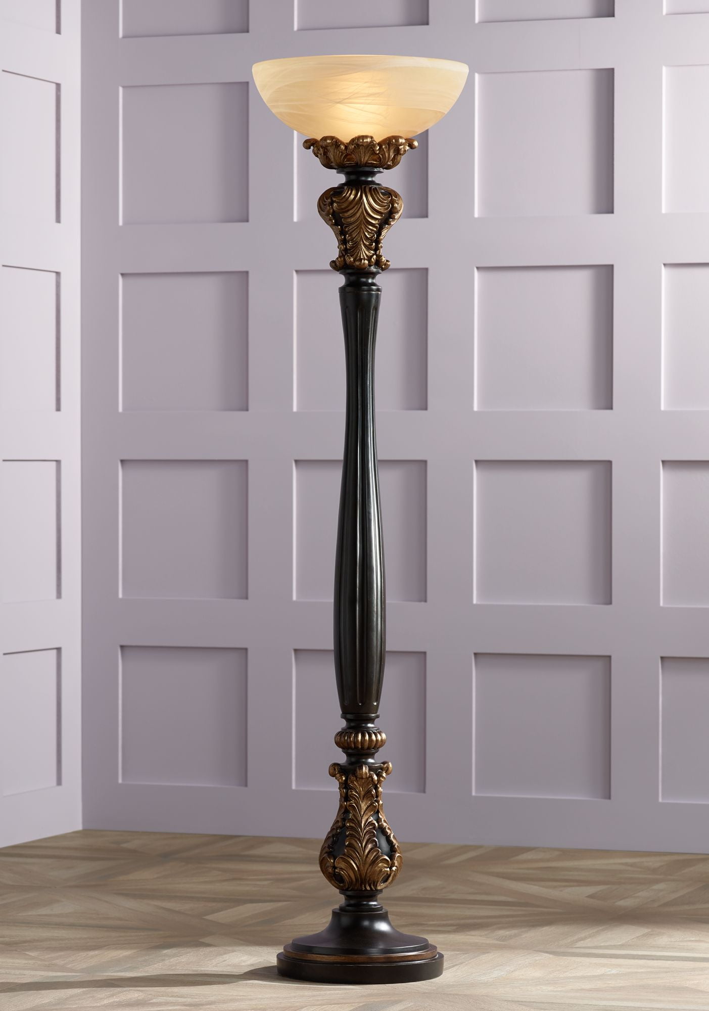 Barnes And Ivy Traditional Torchiere Floor Lamp Carved Wood Amber Glass Shade Foot Dimmer For Living Room Bedroom Office Uplight