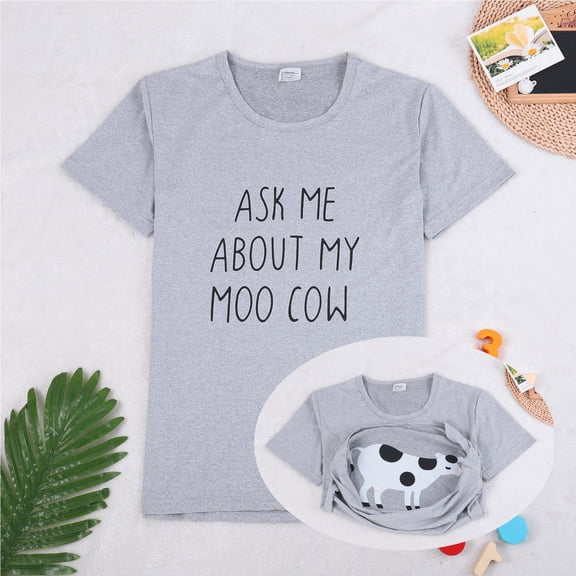 YUEHUA girls crew neck short sleeve ASK ME ABOUT MY COW Children's Novelty Funny Humor Flip T Shirt Round Neck Short Sleeved T Shirt 3 To 14 Years Old Children