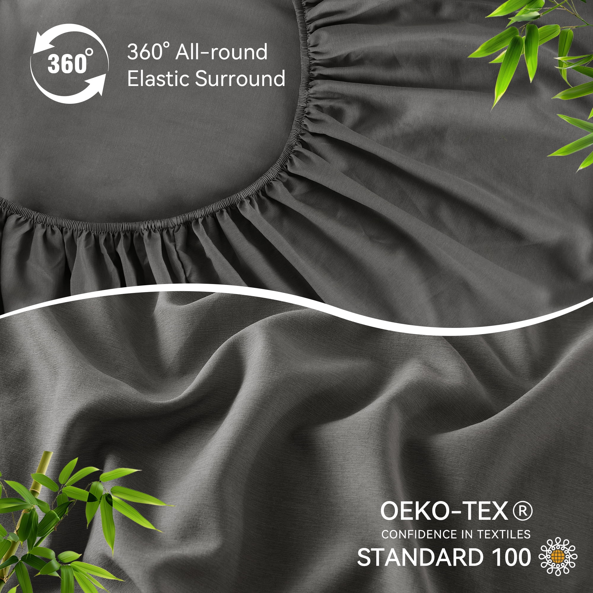 JELLYMONI 4 Pieces Cooling Queen Sheets Set, Microfiber & Bamboo Sheet Set, Breathable & Wrinkle Free - 16" Deep Pockets Bedding Sheets & Pillowcases,Dark Grey