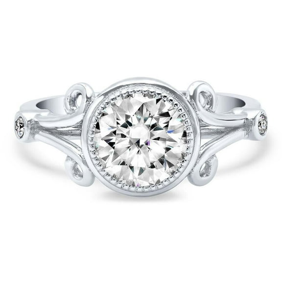 Bezel Set Ring Split Shank Round Diamond Ring 14K White Gold Over 1.5 Ct Simulated Diamond