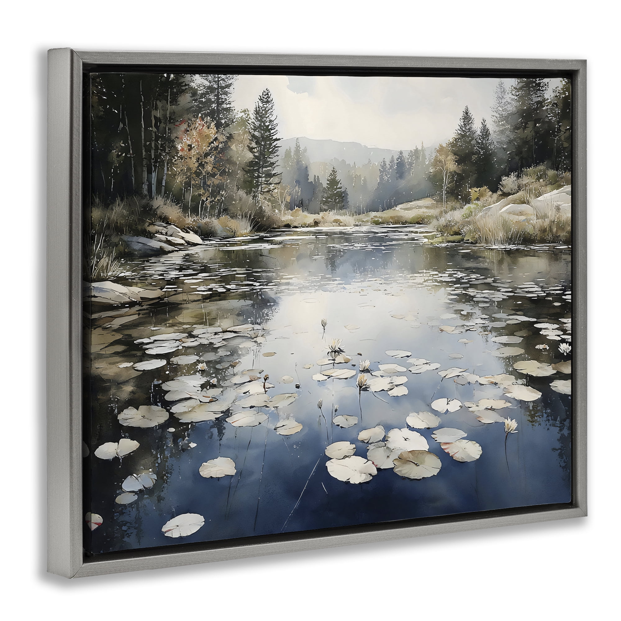 Stupell Industries Still Pond with Morning Reflections Gray Framed Floater Canvas Wall Art, design by Franklyn Gregory