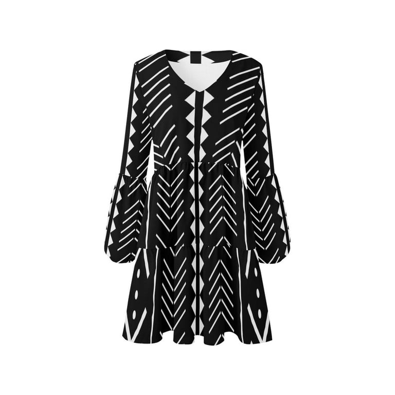 Black and White Aztec Print V-Neck Loose Fit Dress (Size:2XL;) - Walmart.com