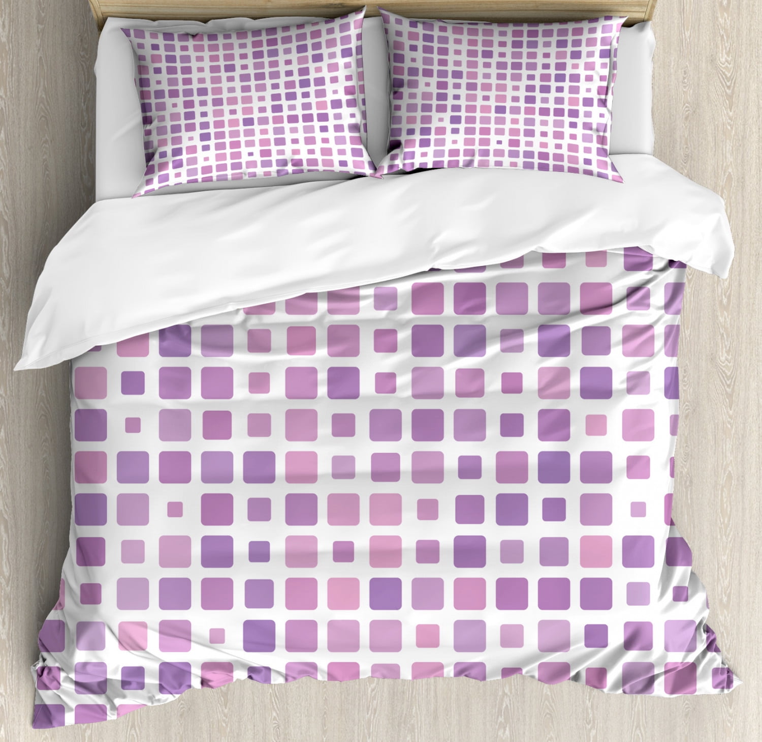 Geometric Duvet Cover Set Queen Size, Beveled Random Square Tiles with