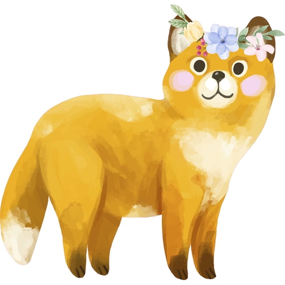 Young Brown Fox Decor Art Watercolor Painting Design Removable Kids Bedroom Nursery Wall Decal Sticker - 19" x 20" Home Living Room Multicolored Animal Floral Crown Design Adhesive Wall Decoration