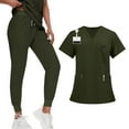 thumbnail image 3 of DENGDENG Dark Green Womens Scrubs Sets Soft and Stretchy Nurse Short Sleeve V Neck Scrub Tops Jogger Pants Workwear Nursing Uniform Comfortable Scrubs Set with Pockets, XL, 3 of 6